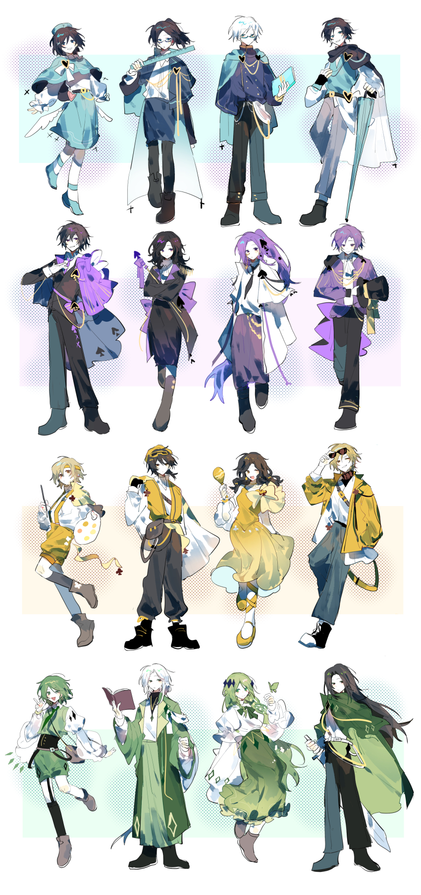 16personalities 6+boys 6+girls absurdres adventurer_(16personalities) advocate_(16personalities) aiguillette architect_(16personalities) ascot black_boots black_hair black_pants blonde_hair blue_cape blue_eyes blue_pants blue_shoes blue_shorts book boots brooch brown_hair campaigner_(16personalities) cape closed_umbrella club_(shape) coat commander_(16personalities) consul_(16personalities) debater_(16personalities) defender_(16personalities) diamond_hair_ornament dress entertainer_(16personalities) entrepeneur_(16personalities) everyone executive_(16personalities) full_body goggles goggles_on_head green_cape green_shorts green_skirt hair_ornament hat headband heart heart_brooch highres holding holding_book holding_paint_palette holding_ruler holding_unworn_clothes holding_unworn_hat jewelry logician_(16personalities) logistician_(16personalities) long_hair low_wings mediator_(16personalities) mouyimouyi multiple_boys multiple_girls open_mouth paint_palette pants ponytail protagonist_(16personalities) purple_cape purple_coat purple_eyes purple_hair shoes short_hair shorts simple_background skirt smile spade_hair_ornament top_hat umbrella unworn_hat unworn_headwear very_long_hair vest virtuoso_(16personalities) white_ascot white_background white_coat white_hair white_wings wings yellow_dress yellow_headband yellow_vest
