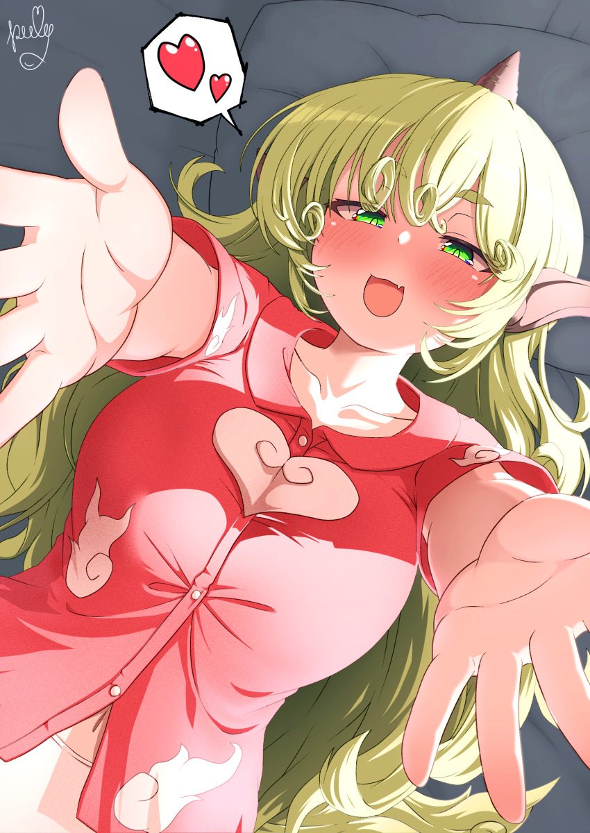 1girl absurdres blush breasts cloud_print commentary_request dutch_angle fang green_eyes green_hair half-closed_eyes heart highres horns kariyushi_shirt komainu_ears komano_aunn large_breasts long_hair nose_blush outstretched_arms polyhedron2 red_shirt shirt sidelighting signature single_horn skin_fang skirt solo spoken_heart touhou upper_body white_skirt