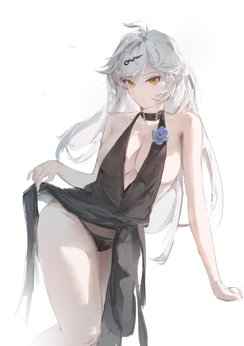 1girl absurdres ahoge alternate_costume belt_collar black_dress black_panties breasts clothing_aside cocktail_dress collar commentary_request dress dress_aside highres large_breasts long_hair looking_at_viewer panties revealing_clothes simple_background solo underwear white_background white_hair yellow_eyes yixuan_(zenless_zone_zero) yingmusang-l1f zenless_zone_zero