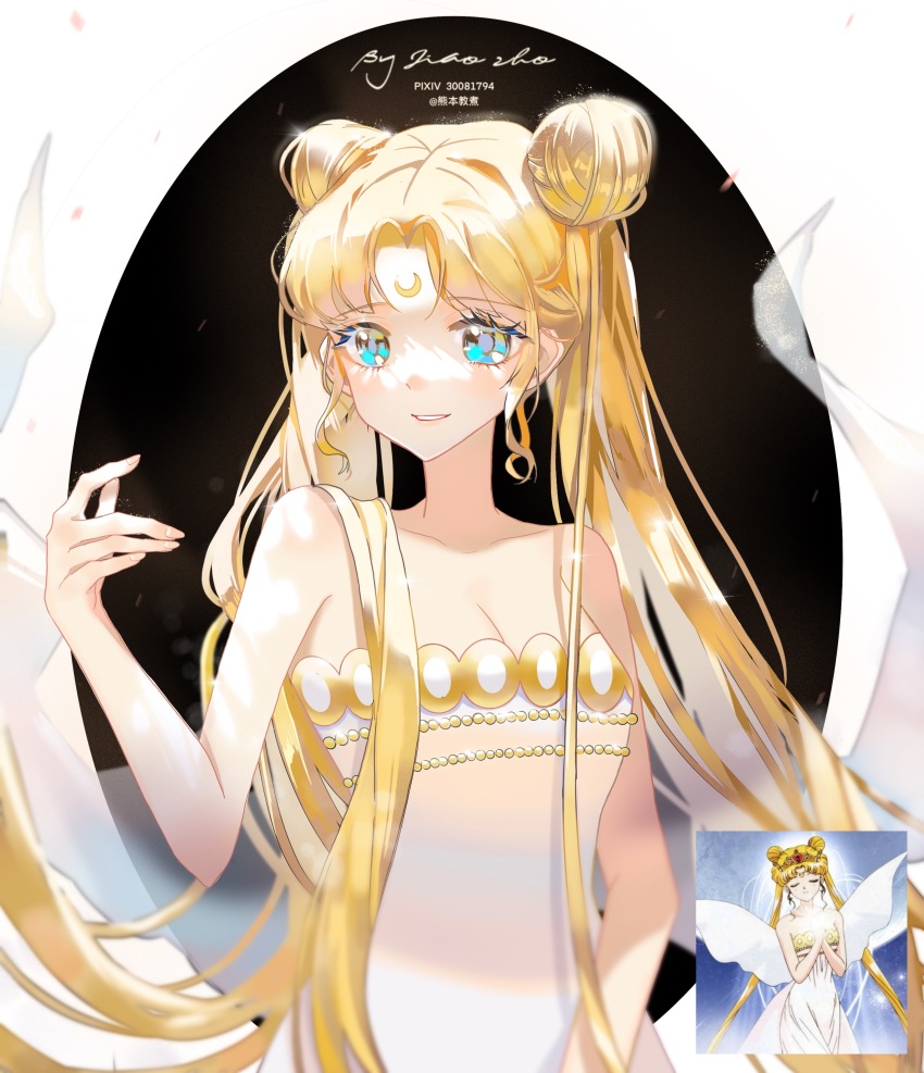 1girl absurdres bishoujo_senshi_sailor_moon blonde_hair blue_eyes commentary_request crescent crescent_facial_mark double_bun dress eyelashes facial_mark hair_bun highres jiao_zhu light_smile oval photo-referenced pixiv_id sailor_moon solo strapless strapless_dress tsukino_usagi twintails upper_body