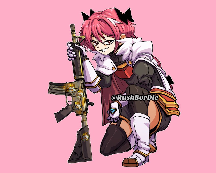 1boy assault_rifle astolfo_(fate) black_bow black_shirt black_shoes black_thighhighs boots bow brown_eyes commentary commission counter-strike_(series) counter-strike_2 english_commentary fate_(series) full_body garter_straps gloves grin gun hair_bow highres holding holding_gun holding_weapon hugo_(rushbordie) long_hair looking_at_viewer m4_carbine male_focus on_one_knee pink_background pink_hair rifle shirt shoes simple_background smile solo team_dignitas thighhighs very_long_hair weapon white_boots white_gloves