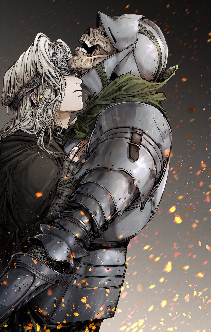 1girl 1other 6cheetah armor black_background commentary_request covered_eyes dark_souls_(series) dark_souls_iii embers fire_keeper gauntlets gradient_background grey_hair helmet highres hug korean_commentary parted_lips skeleton skull tiara