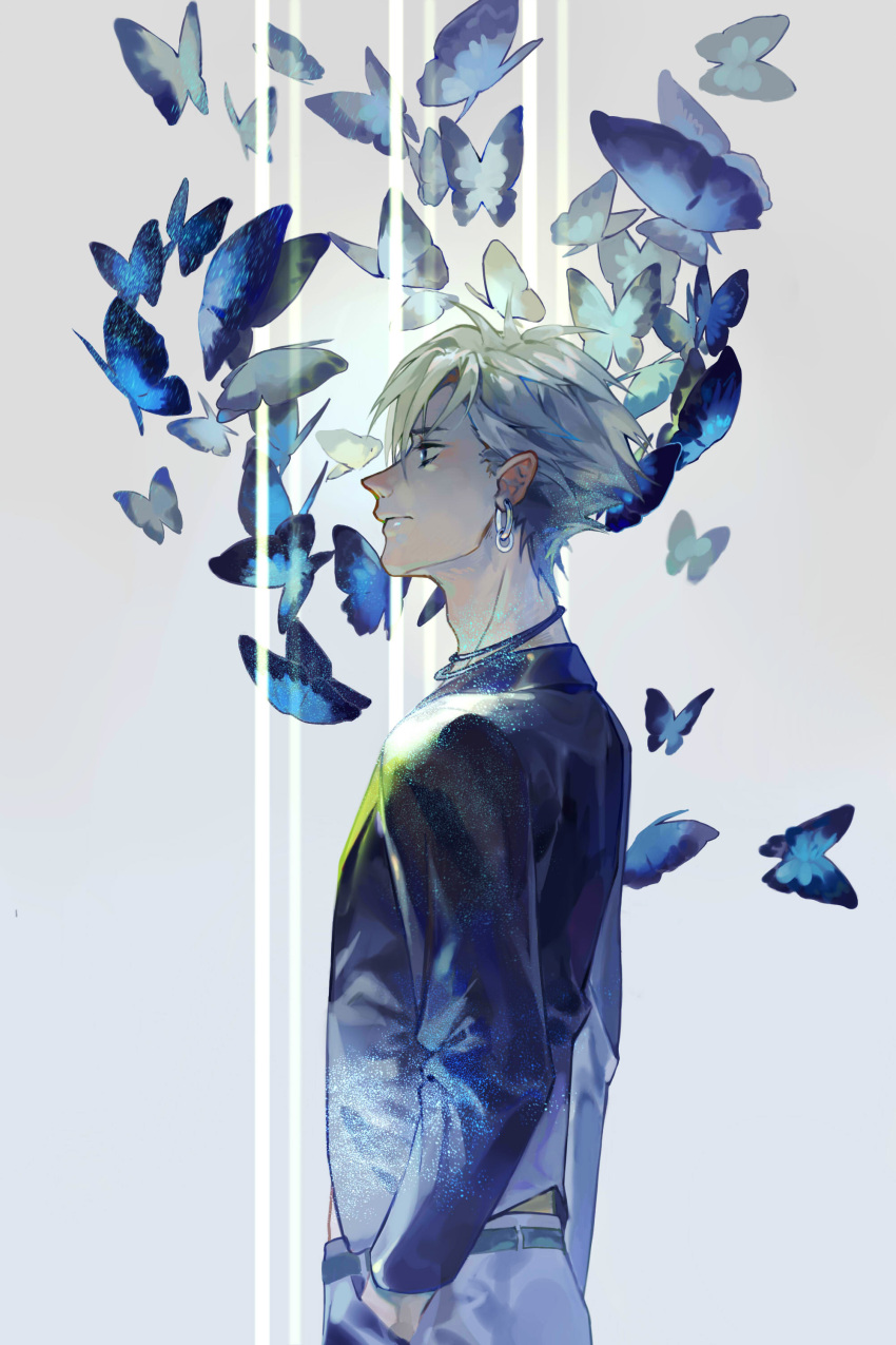 1boy absurdres black_jacket blue_butterfly bug butterfly character_request cowboy_shot earrings grey_hair hand_in_pocket highres insect jacket jewelry long_sleeves lucky_dog_1 male_focus necklace profile short_hair solo xiaoquandianer