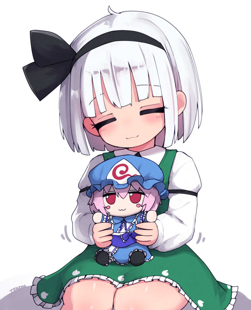 1girl :3 absurdres black_hairband black_ribbon bow_hairband character_doll closed_eyes closed_mouth collared_shirt commentary_request doll dress fumo_(doll) green_dress hair_ribbon hairband highres holding holding_doll konpaku_youmu long_sleeves medium_hair motion_lines pinafore_dress ribbon saigyouji_yuyuko shirt sitting sleeveless sleeveless_dress smile solo tekina_(chmr) touhou white_background white_hair white_shirt