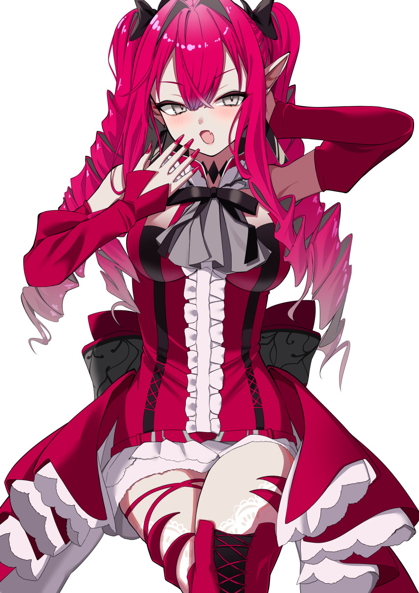 1girl absurdres baobhan_sith_(fate) baobhan_sith_(first_ascension)_(fate) bare_shoulders blush boots breasts center_frills detached_collar detached_sleeves dress fate/grand_order fate_(series) frills grey_eyes highres large_breasts long_hair looking_at_viewer nigori_(keydoor) open_mouth pink_hair pointy_ears red_dress sidelocks solo thigh_boots thighs twintails
