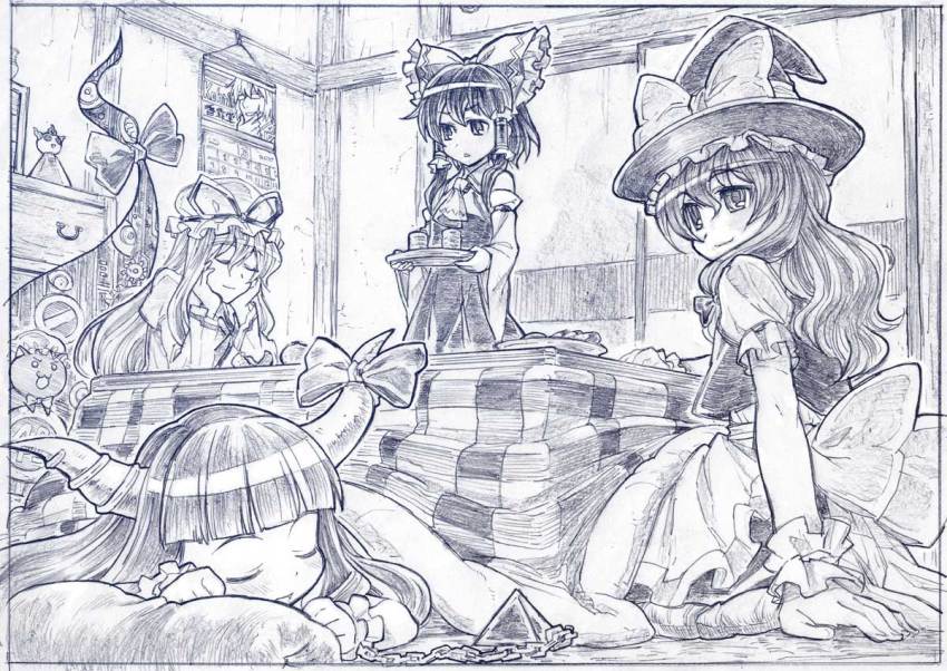 5girls :3 annoyed arm_support ascot blue_theme bow calendar_(object) chen chen_(cat) detached_sleeves female_focus gap_(touhou) gipple graphite_(medium) hair_bow hair_tubes hakurei_reimu hat hat_bow head_rest horn_ornament horn_ribbon horns ibuki_suika indoors kirisame_marisa kotatsu monochrome morichika_rinnosuke multiple_girls o_o ribbon sakino_shingetsu sitting skirt sleeping smile table tea touhou traditional_media tray witch_hat yakumo_yukari