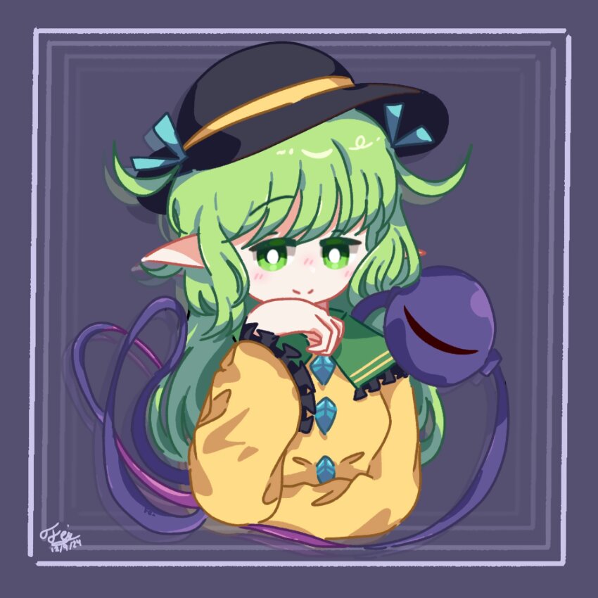 1girl black_souls blush faydee highres komeiji_koishi leaf_(black_souls) original signature simple_background touhou