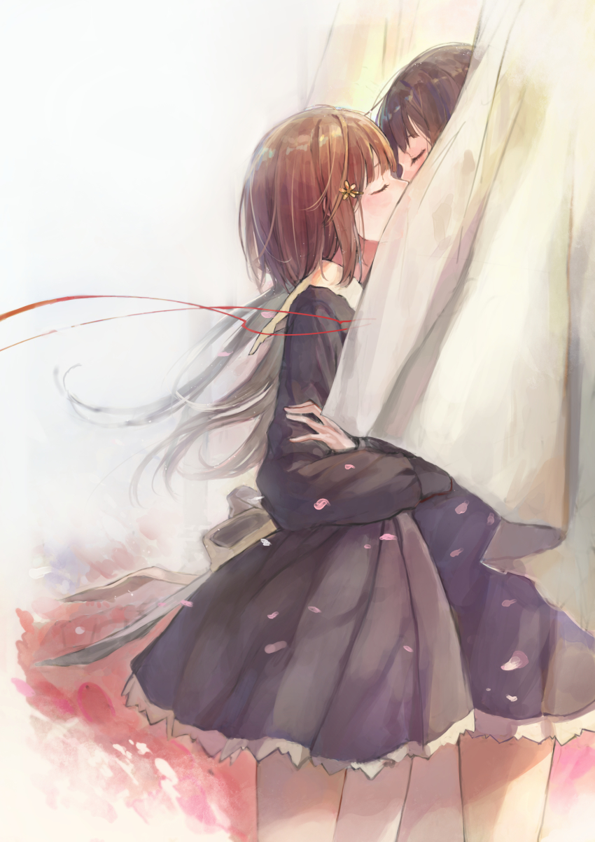 2girls absurdres black_hair brown_hair covered_mouth cowboy_shot closed_eyes flowers_(innocent_grey) from_side hair_ornament hairclip highres kiss kobutakurassyu kousaka_mayuri multiple_girls petals school_uniform shirahane_suou short_hair yuri
