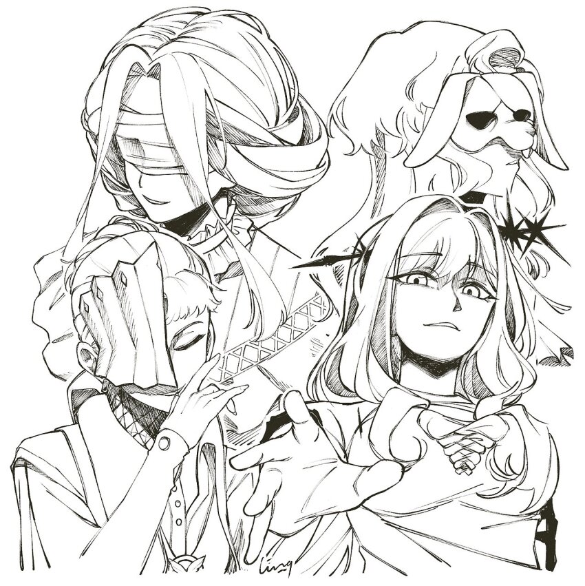 4girls arcana_(reverse:1999) blindfold breasts closed_eyes constantine_(reverse:1999) dores_(reverse:1999) druvis_iii grin hair_bun half_mask hand_up highres lineart ling_(chaaaaanhikari) long_hair mask medium_breasts monochrome multiple_girls outstretched_hand rabbit_mask reverse:1999 smile upper_body wand_in_head white_background