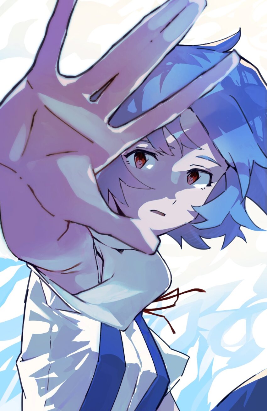 1girl ayanami_rei blue_dress blue_hair dress highres neck_ribbon neon_genesis_evangelion parted_lips pinafore_dress red_eyes ribbon school_uniform short_hair sleeveless sleeveless_dress solo tokyo-3_middle_school_uniform yagisawa_teru