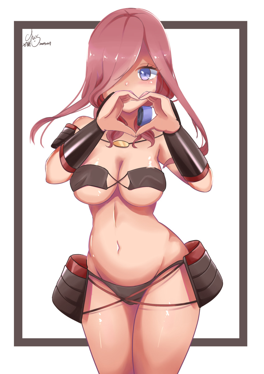 absurdres armor bikini bikini_armor black_bikini blue_eyes blush breasts brown_hair cleavage clever_lion cosplay go-toubun_no_hanayome headphones heart heart_hands highres japanese_armor large_breasts looking_at_viewer murakumo_(senran_kagura) nakano_miku senran_kagura stomach swimsuit