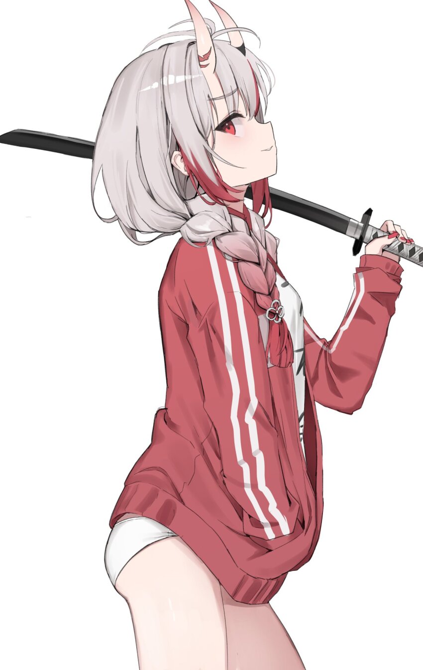 1girl braid braided_twintails commentary english_commentary gradient_hair grey_hair hair_over_shoulder highres holding holding_sword holding_weapon hololive horns jacket katana long_hair long_sleeves looking_at_viewer looking_to_the_side multicolored_hair nakiri_ayame no_pants oni open_clothes open_jacket panties parted_lips profile red_jacket scarlet_(wv0102) sheath sheathed sideways_glance simple_background skin-covered_horns smile solo sword track_jacket underwear virtual_youtuber weapon white_background white_panties