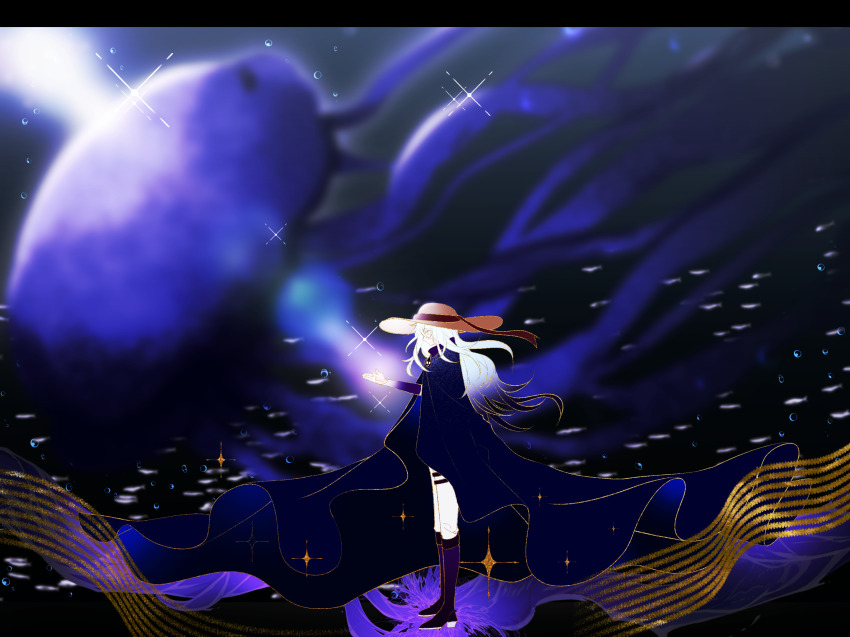 1boy air_bubble androgynous black_cloak blue_eyes blue_hair blurry blurry_background boots bridal_gauntlets brown_hat bubble chinese_commentary cloak commentary_request from_side full_body gradient_hair hand_up hat hat_ribbon high_heel_boots high_heels highres jellyfish knee_boots letterboxed light_particles long_hair looking_at_hand male_focus multicolored_hair no_mouth official_alternate_costume outside_border pale_skin pants personification plants_vs._zombies plants_vs._zombies_2 profile purple_background purple_boots purple_hair red_ribbon ribbon shadow_peashooter_(plants_vs._zombies) siiiiiiiiiii simple_background solo sparkle standing sun_hat trap two-tone_hair underwater underwater_shot very_long_hair water white_pants wide_shot