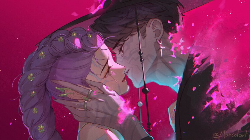 1boy 1girl adam&#039;s_apple bare_shoulders black_hair black_robe body_markings braid brown_eyes claws couple crying crying_with_eyes_open demon_boy demon_girl ear_piercing earrings fire from_side glowing gradient_background hair_ornament hand_on_another&#039;s_head hashtag-only_commentary hat hetero highres incoming_kiss jewelry jinu_(kpop_demon_hunters) korean_clothes kpop_demon_hunters leaning_back leaning_forward long_braid long_hair looking_at_another markings moncolart multiple_rings parted_lips piercing purple_background purple_fire purple_hair ring robe rumi_(kpop_demon_hunters) sad short_hair single_braid single_earring standing streaming_tears swept_bangs tears upper_body