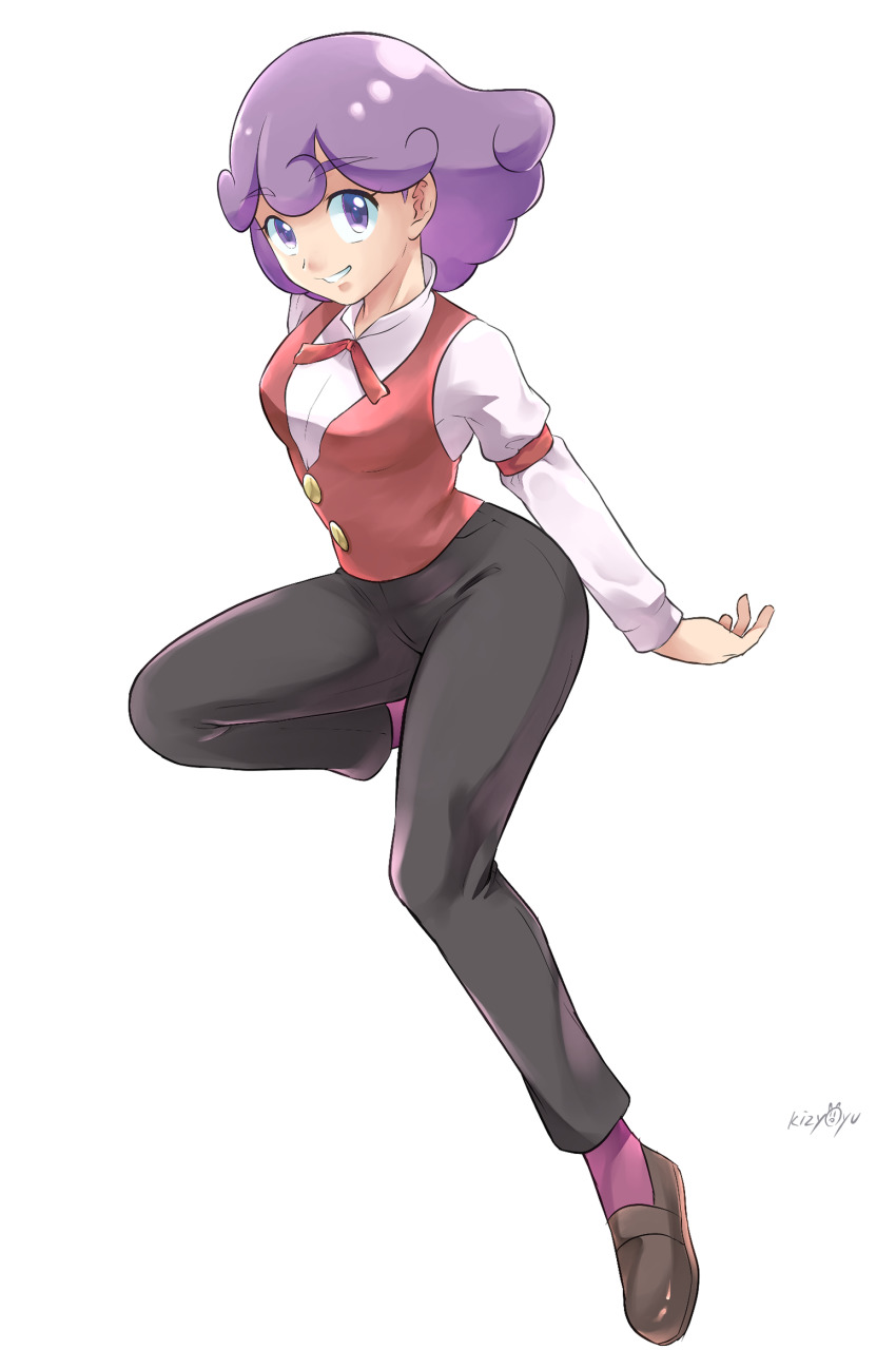 1girl armband brown_shoes burgundy_(pokemon) buttons commentary_request eyelashes female_focus full_body grin highres kijouyu long_sleeves looking_at_viewer neck_ribbon nintendo pants parted_lips pokemon pokemon_(anime) pokemon_bw_(anime) purple_eyes purple_hair purple_socks red_ribbon red_vest ribbon shirt shoes signature simple_background smile socks solo vest white_background