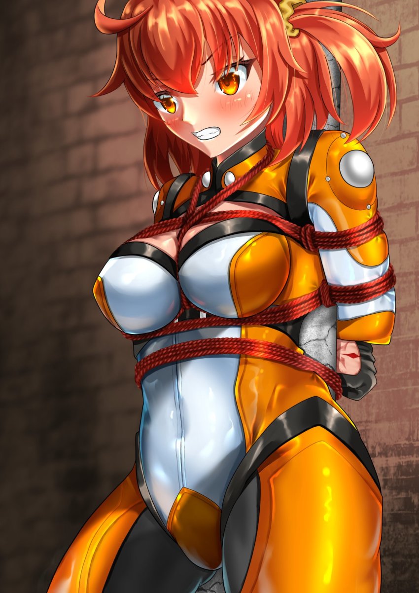 1girl ahoge arms_behind_back bdsm blush bodysuit bondage bound clenched_teeth command_spell commission covered_navel dorachan_r fate/grand_order fate_(series) fujimaru_ritsuka_(female) fujimaru_ritsuka_(female)_(chaldea_combat_uniform) gloves gluteal_fold highres official_alternate_costume orange_hair restrained shibari short-haired_girl_(osomatsu-san) short_hair side_ponytail skeb_commission solo teeth thighs yellow_eyes