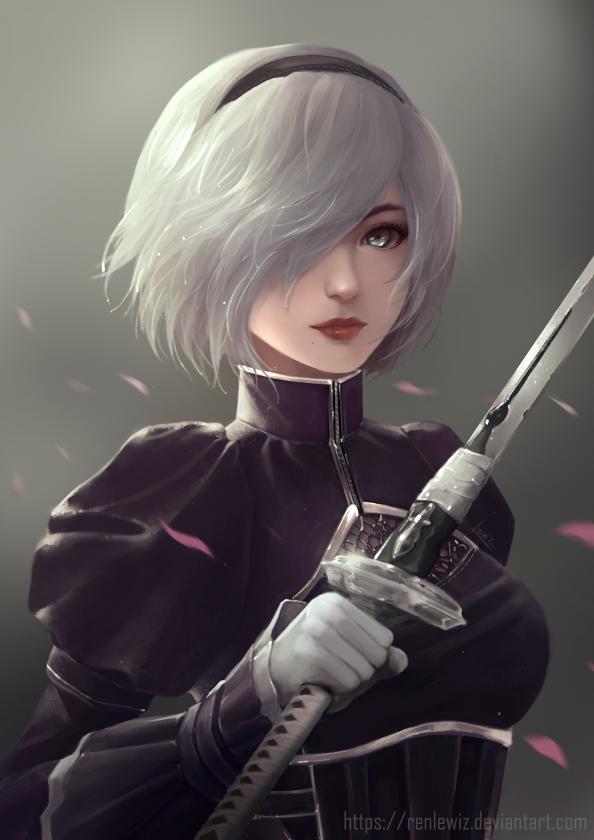 1girl 2b_(nier:automata) absurdres android arm_up artist_name black_dress black_hairband blue_eyes breasts cherry_blossoms cleavage_cutout clenched_hand closed_mouth clothing_cutout commentary cosplay deviantart_username dres dress eyelashes female_focus gloves grey_background grey_gloves grey_hair hair_over_one_eye hairband highres holding holding_sword holding_weapon joints juliet_sleeves katana lewiz_ren lips long_sleeves looking_at_viewer medium_breasts mole mole_under_mouth nier:automata nier_(series) nose petals pink_lips pink_petals puffy_sleeves red_lips robot_joints short_hair signature solo sword turtleneck turtleneck_dress upper_body vambraces watermark weapon web_address white_gloves zipper