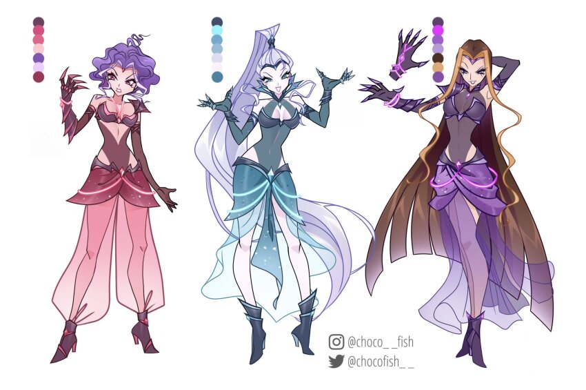 3girls absurdly_long_hair ahoge angry arm_behind_head armor armored_boots bad_id bad_twitter_id baggy_pants bare_shoulders black_eyeliner blonde_hair blue_boots blue_eyes blue_gemstone blue_gloves blue_leotard blue_skirt blunt_ends boots bracelet bracer breastplate breasts brown_hair chocofish circlet claws cleavage cleavage_cutout clenched_teeth clothing_cutout collar collarbone collared_leotard color_guide colored_eyelashes commentary covered_navel darcy_(winx_club) detached_collar diamond_(gemstone) dot_nose elbow_gloves english_commentary evil_smile eyelashes eyeliner eyeshadow full_body gauntlets gem gloves hair_tubes happy high_collar high_heel_boots high_heels high_ponytail highres icy_(winx_club) instagram_username jewelry knees leotard long_hair long_sidelocks long_skirt looking_ahead looking_at_hand looking_at_viewer makeup medici_collar messy_hair miniskirt multicolored_hair multiple_girls necklace outstretched_arm pale_skin pants pants_under_skirt pantyhose pauldrons pink_eyes pink_eyeshadow pink_pants pink_pantyhose pink_skirt ponytail purple_boots purple_collar purple_eyeshadow purple_gloves purple_hair purple_leotard purple_pantyhose purple_skirt red_boots red_gloves red_leotard redesign reference_sheet ribs see-through_clothes see-through_leotard see-through_pants short_hair shoulder_armor siblings side_slit sidelocks simple_background single_gauntlet single_hair_tube single_pauldron sisters skirt smile stormy_(winx_club) straight_hair streaked_hair teeth thigh_cutout trix_(winx_club) twitter_username two-tone_hair v-shaped_eyebrows very_long_hair watermark white_background white_hair winx_club