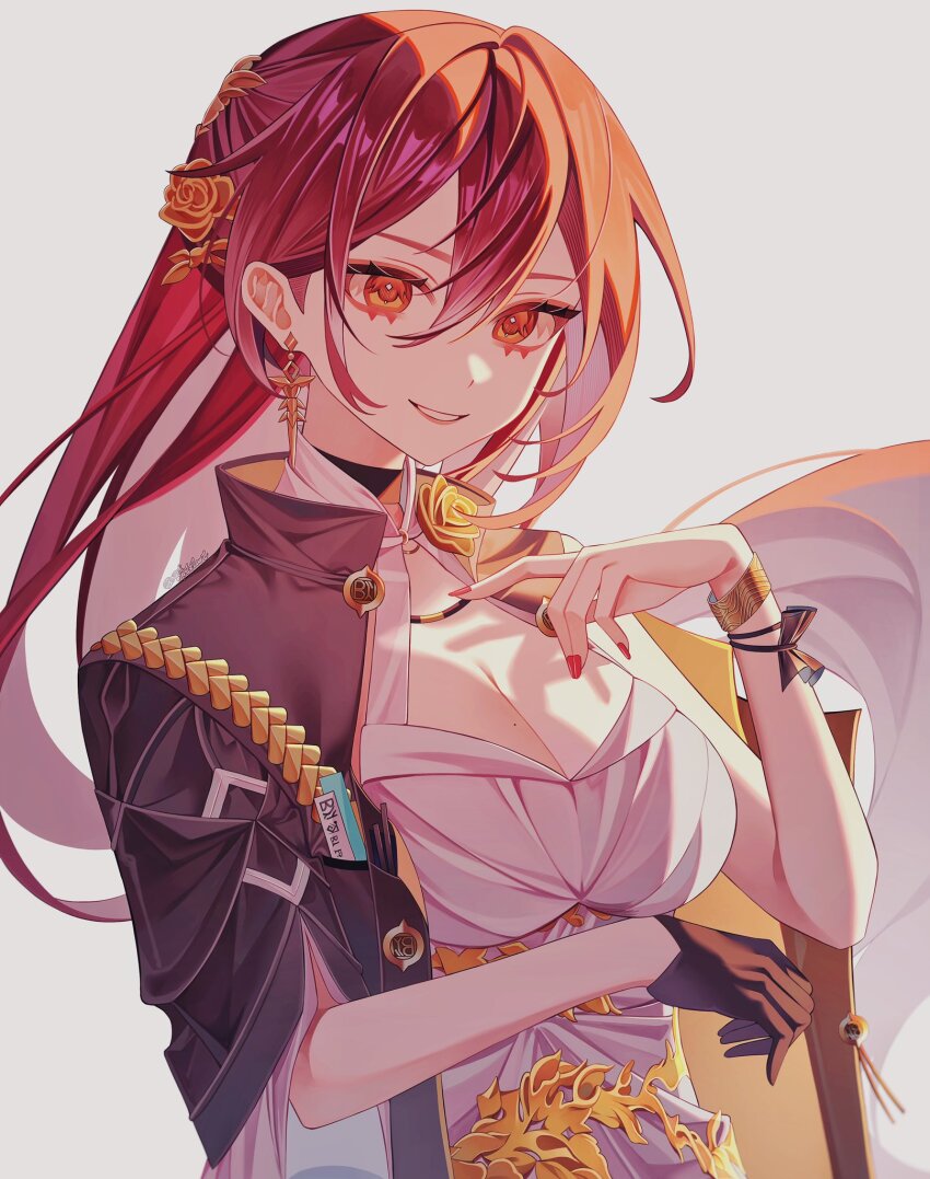 1girl artist_name black_gloves black_jacket bracelet breasts cleavage commentary dress earrings english_commentary eyelashes eyeshadow fingernails flower gloves gold_bracelet gold_earrings golden_rose hair_between_eyes hair_flower hair_ornament hand_up highres himeko_(honkai:_star_rail) honkai:_star_rail honkai_(series) jacket jewelry large_breasts long_fingernails long_hair looking_at_viewer makeup mole mole_on_breast nail_polish open_clothes open_jacket orange_eyes red_eyeshadow red_hair red_nails simple_background single_bare_shoulder single_earring single_glove sleeveless sleeveless_dress smile solo teeth two-sided_fabric two-sided_jacket upper_body wbm422 white_background white_dress yellow_jacket