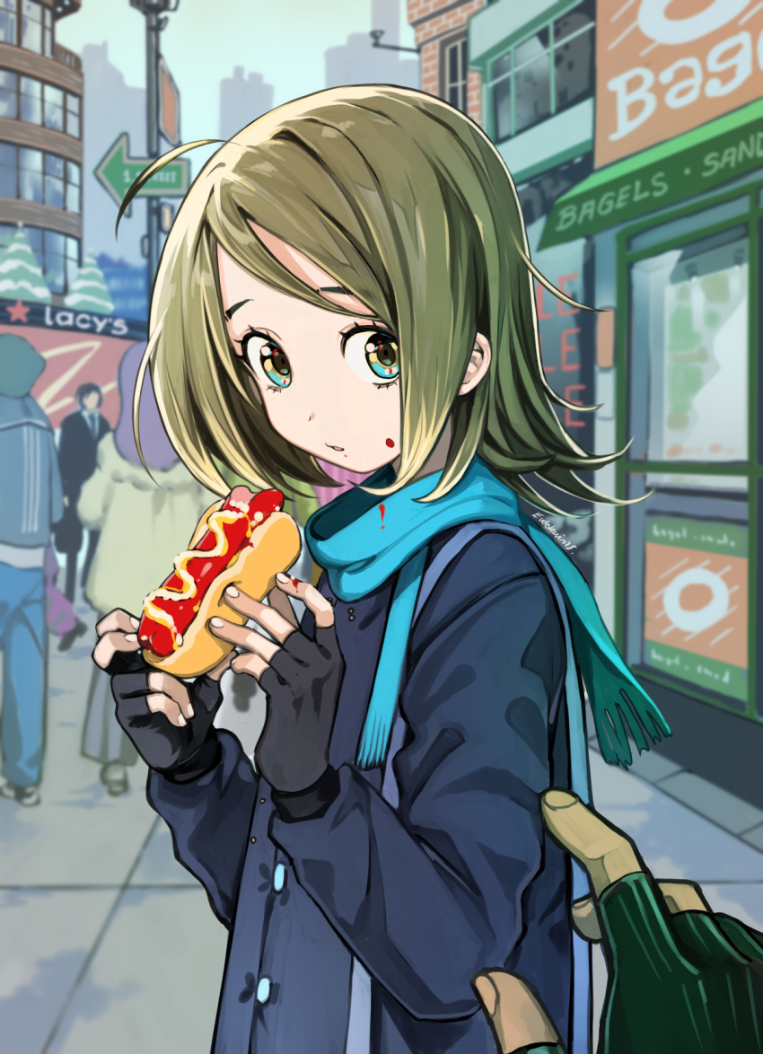 2boys 2girls bag blue_eyes brand_name_imitation brown_hair city coat commentary_request day eating english_text eudetenis fingerless_gloves food food_on_clothes food_on_face food_on_hand gloves highres holding holding_food hot_dog ketchup long_hair long_sleeves macy&#039;s multiple_boys multiple_girls original outdoors parted_lips pov scarf shoulder_bag solo_focus