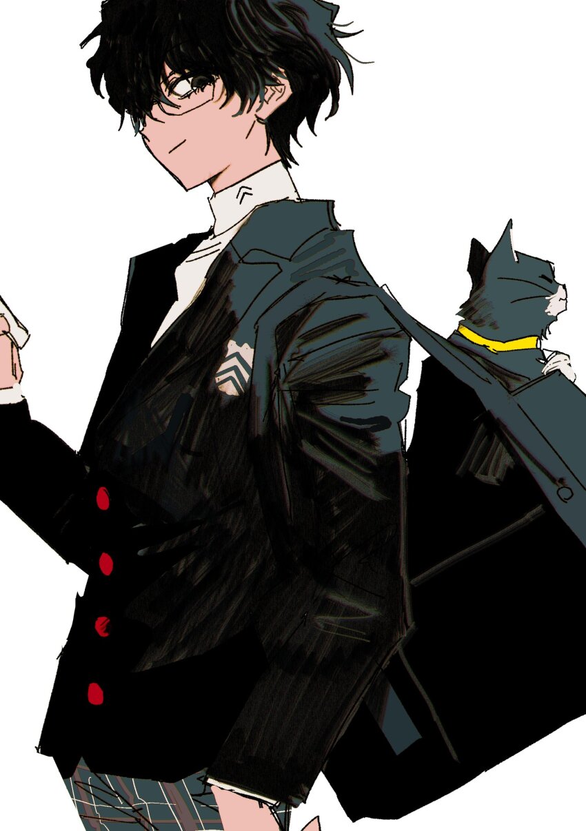 1boy amamiya_ren animal bag black_eyes black_hair black_jacket cat closed_mouth cowboy_shot glasses goguma_wagamja green_pants highres jacket male_focus morgana_(persona_5) multicolored_fur pants persona persona_5 school_uniform short_hair shuujin_academy_school_uniform simple_background smile solo very_short_hair white_background yellow_collar