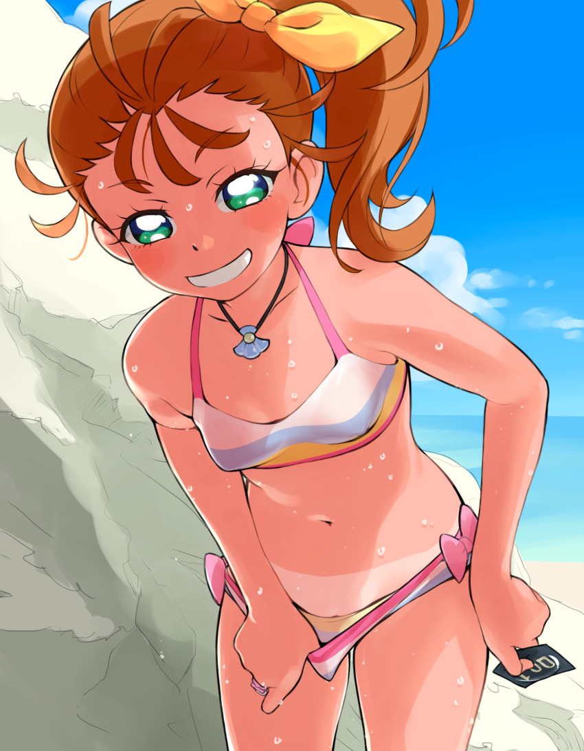 1girl bikini blush breasts brown_hair exhibitionism flashing flat_chest kikurage_(crayon_arts) loli looking_at_viewer natsuumi_manatsu original outdoors panties panty_pull precure public_indecency pussy pussy_peek small_breasts smile solo striped_bikini striped_clothes sweat swimsuit tagme tan tropical-rouge!_precure uncensored underwear