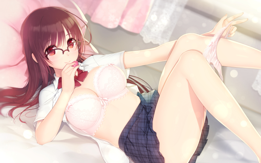 1girl ahoge arima_senne barefoot bed bedroom bra breasts brown_hair glasses highres kashiwamochi_yomogi large_breasts lingerie long_hair lying midriff on_bed open_clothes open_shirt panties panty_pull red_eyes ribbon shirt skirt smile solo thighs underwear