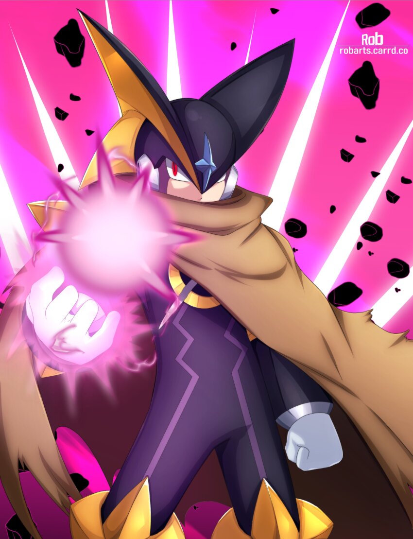 1boy absurdres axasempai bass.exe_(mega_man) black_bodysuit black_helm bodysuit brown_cloak clenched_hand cloak cowboy_shot fins head_fins highres male_focus mega_man_(series) mega_man_battle_network_(series) missing_commentary netnavi pink_background red_eyes solo