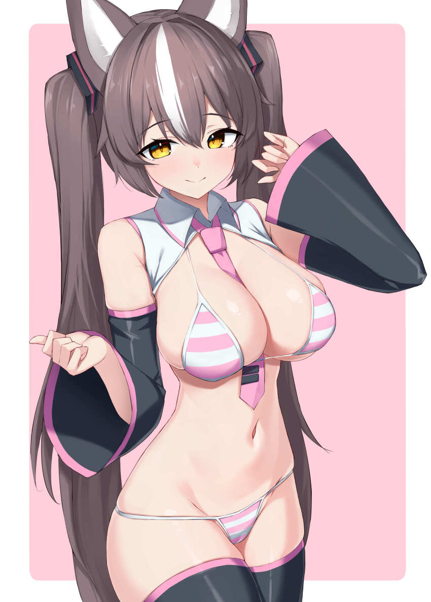 1girl absurdres animal_ears between_breasts bikini black_sleeves black_thighhighs breasts brown_hair chisaka_airi collared_shirt commission crop_top detached_sleeves hair_ornament highres large_breasts long_hair midriff multicolored_hair nai_(cnoadi8) navel necktie necktie_between_breasts phase_connect pink_bikini pink_necktie shirt skeb_commission smile solo streaked_hair striped_bikini striped_clothes swimsuit thighhighs twintails virtual_youtuber white_bikini white_hair wolf_ears wolf_girl yellow_eyes
