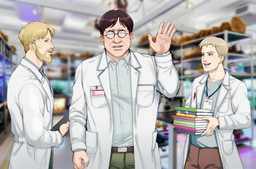 3boys adelheid_(moschiola) beard book book_stack brown_hair cigarette colt_grice cowboy_shot facial_hair glasses highres lab_coat looking_at_another looking_at_viewer merchandise multiple_boys object_behind_ear profile round_eyewear shingeki_no_kyojin short_hair sideways_glance smile tom_ksaver waving wrinkled_skin zeke_yeager