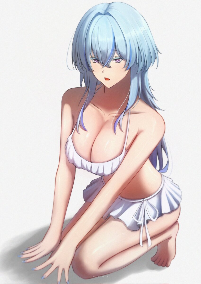 1girl alternate_costume barefoot bayris bikini bikini_skirt blue_hair blue_nails breasts cleavage collarbone commentary crossed_bangs english_commentary hair_between_eyes highres kneeling large_breasts long_hair nail_polish open_mouth purple_eyes shorekeeper_(wuthering_waves) sidelocks simple_background solo swimsuit white_background white_bikini wuthering_waves