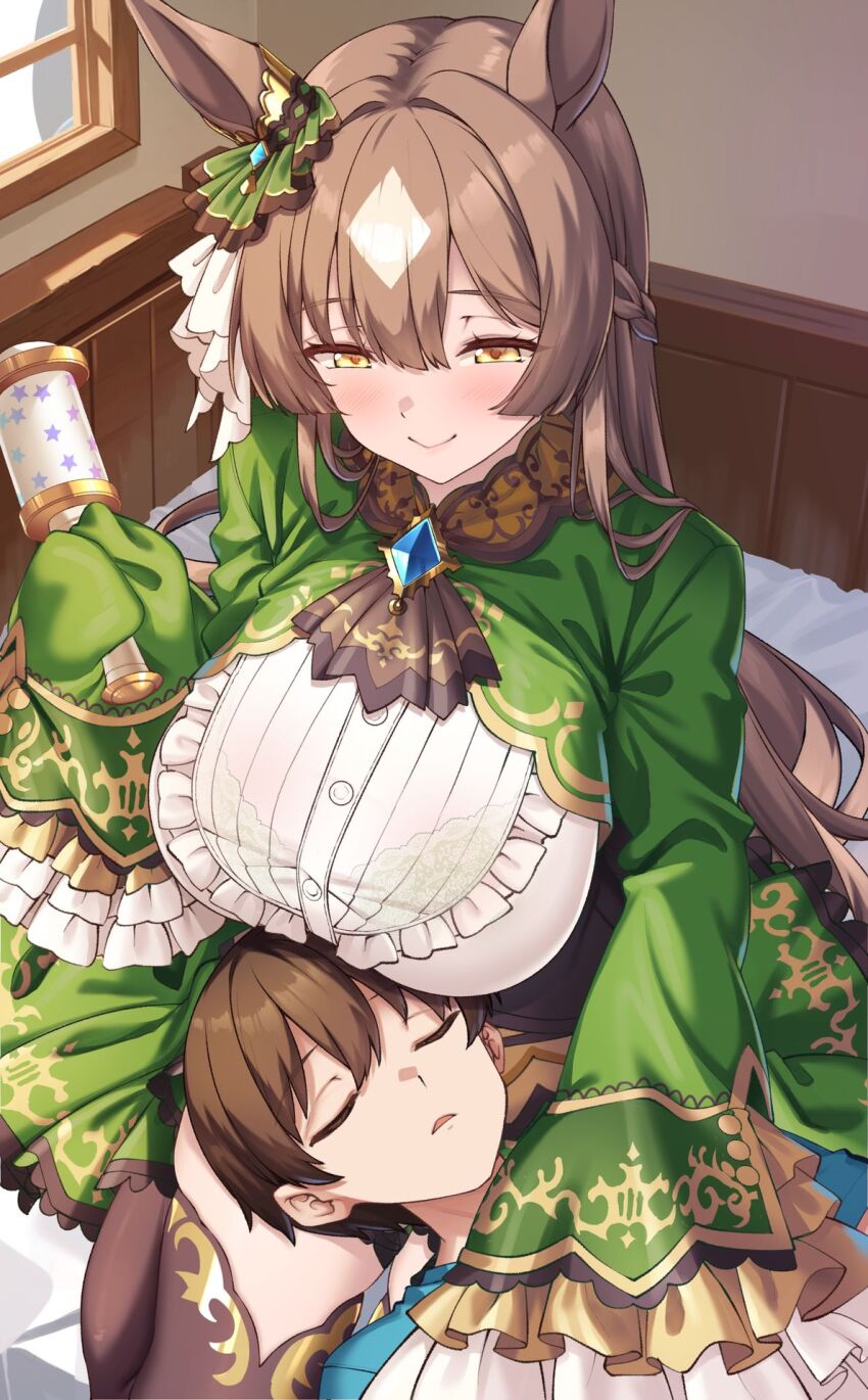 1boy 1girl animal_ears ascot bow bra braid breasts brown_ascot brown_hair cleavage closed_eyes double-parted_bangs ear_ornament ear_ribbon half_up_braid half_updo highres holding holding_rattle horse_ears horse_girl lace lace-trimmed_bra lace_trim lap_pillow large_breasts lying lying_on_lap multicolored_hair rattle satono_diamond_(umamusume) see-through_cleavage see-through_clothes shirokuma_a sleeping sleeping_on_person sleeves_past_fingers sleeves_past_wrists streaked_hair umamusume underwear