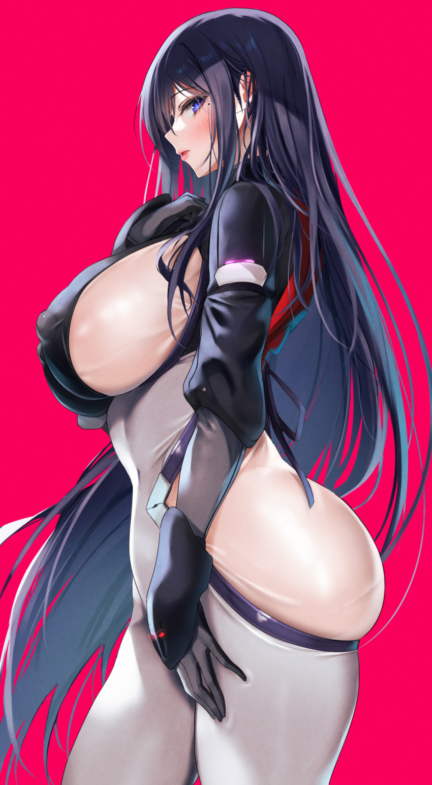 1girl alice_gear_aegis areola_slip black_hair black_jacket blue_eyes blush bodysuit breasts covered_erect_nipples cropped_jacket gloves grey_gloves highres hip_vent jacket kagome_misaki large_breasts long_hair looking_at_viewer mole mole_under_eye puru_(ex-150) shrug_(clothing) sideboob sidelocks solo thick_thighs thighs white_bodysuit