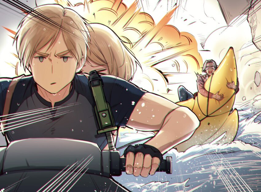 &gt;_&lt; 1girl 2boys 428saaan ashley_graham black_gloves black_shirt blonde_hair blue_pants brown_sleeves dark_skin explosion fingerless_gloves gloves holster jet_ski knife knife_sheath leon_s._kennedy luis_sera multiple_boys open_mouth pants parted_bangs resident_evil resident_evil_4 resident_evil_4_(remake) sheath shirt short_hair short_sleeves v-shaped_eyebrows water watercraft wet