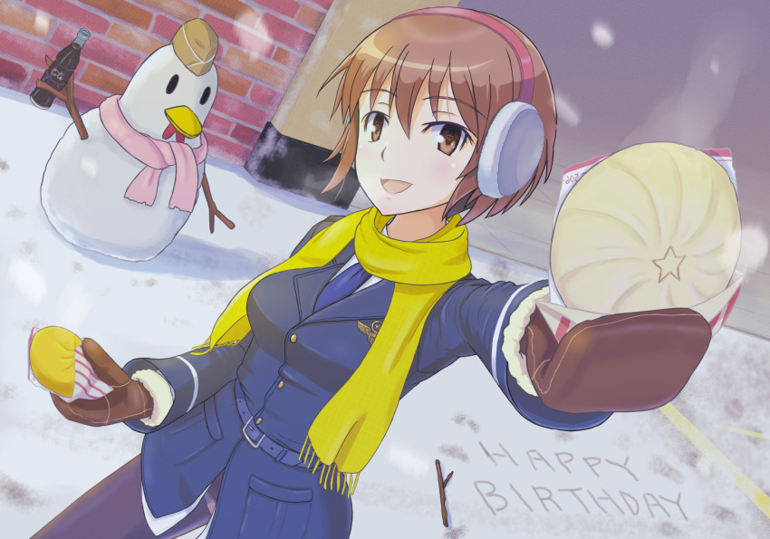 1girl black_pantyhose blush breasts brown_eyes brown_gloves brown_hair coca-cola earmuffs food gloves happy_birthday jennifer_j_deblanc keicha_(kmoekaki) large_breasts looking_at_viewer military military_uniform noble_witches open_mouth outdoors panties panties_under_pantyhose pantyhose short_hair smile snow snowman solo underwear white_panties world_witches_series