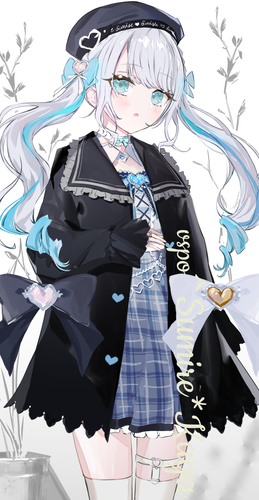 1girl arm_at_side beret black_bow black_coat black_hat blue_bow blue_dress blue_eyes blue_gemstone bow character_name coat commentary dress english_text finger_bow frilled_thigh_strap gem grey_hair hair_bow hand_up hat heart heart-shaped_gem highres kaga_sumire kaga_sumire_(7th_costume) legwear_garter long_sleeves looking_at_viewer multicolored_hair open_mouth plaid_clothes plaid_dress plant potted_plant ringlets ryoma_(rym_369) sidelocks simple_background single_legwear_garter solo standing streaked_hair thigh_strap thighhighs virtual_youtuber vspo! white_background white_bow white_thighhighs