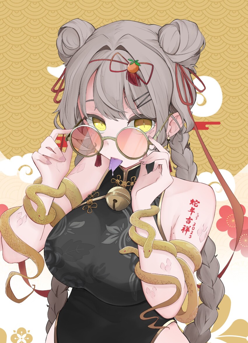 1girl 2025 adjusting_eyewear bare_shoulders bell black_dress braid breasts china_dress chinese_clothes chinese_text chinese_zodiac colored_tongue commentary dress earrings english_commentary floral_print_dress flower forked_tongue grey_hair hair_ornament hair_ribbon hands_up highres jewelry kyo-san large_breasts looking_at_viewer mole mole_on_arm neck_bell original purple_tongue red_flower red_ribbon ribbon round_eyewear scales sidelocks sleeveless sleeveless_dress slit_pupils snake snake_wrapped_around_arm solo tassel tassel_earrings tongue tongue_out translation_request twin_braids year_of_the_snake yellow_background yellow_eyes