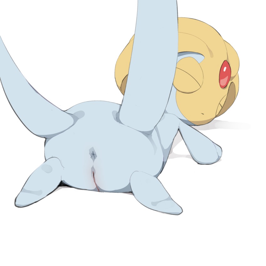 anus ass closed_eyes forehead_jewel from_behind gen_4_pokemon highres legendary_pokemon looking_back lying multiple_tails nintendo no_humans on_stomach pokemon pokemon_(creature) pussy simple_background tail two_tails uncensored uxie white_background youjo_modoki