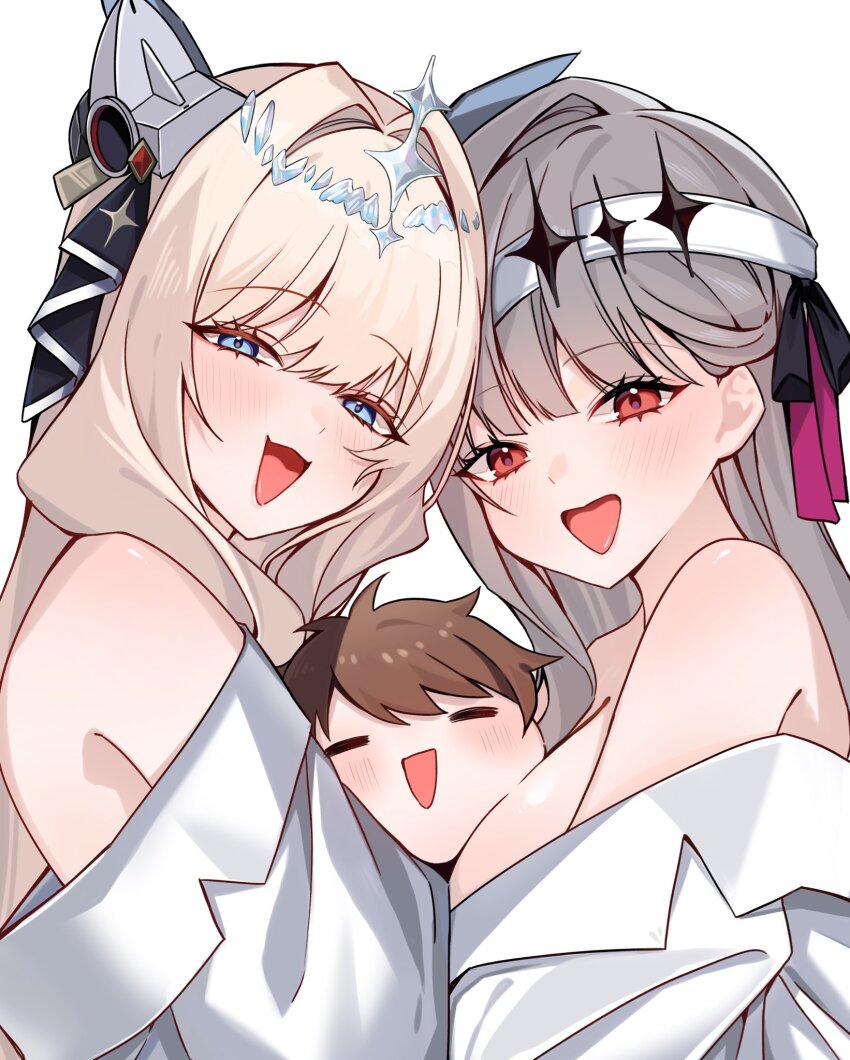 1boy 2girls black_crown blonde_hair blue_eyes commander_(nikke) crown crown_(nikke) goddess_of_victory:_nikke grey_hair highres modernia_(first_affection)_(nikke) modernia_(nikke) modernia_(second_affection)_(nikke) multiple_girls nobako open_mouth red_eyes simple_background white_background