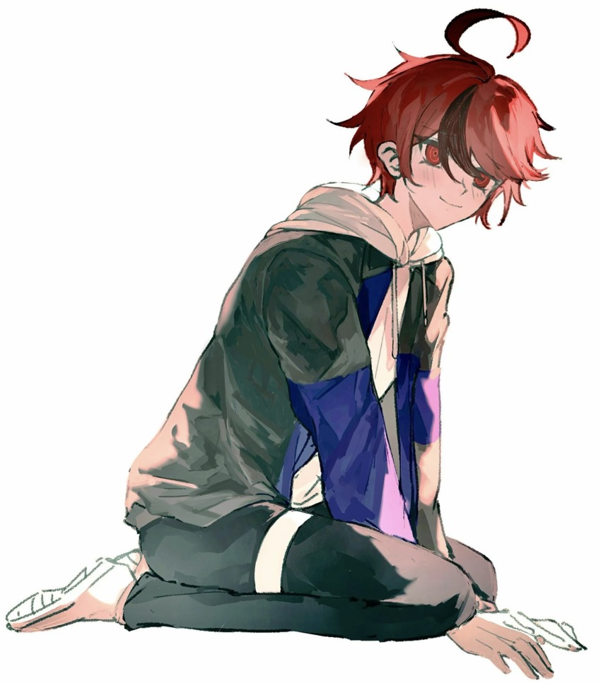1boy ahoge arms_between_legs black_hair black_pants blue_jacket chinese_commentary closed_mouth commentary_request drawstring full_body grey_jacket hair_between_eyes highres hood hood_down hoodie jacket jacket_over_hoodie kneeling long_sleeves male_focus multicolored_hair multicolored_jacket official_alternate_eye_color open_clothes open_jacket pants red_eyes red_hair shoes short_hair simple_background smile solo spoilers streaked_hair sumino_takumi the_hundred_line_-last_defense_academy- thigh_strap two-tone_hair two-tone_jacket white_background white_hoodie white_shoes yamiyoxi