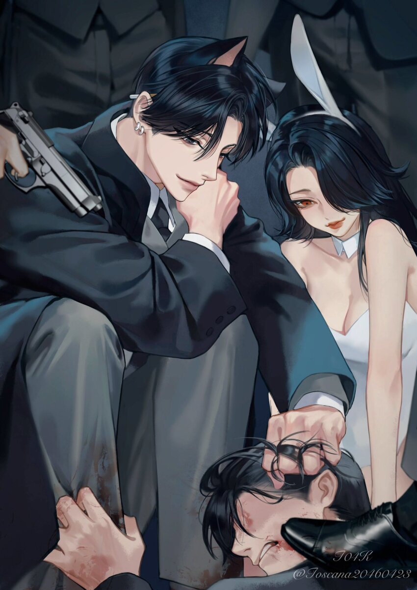 1girl 2boys 5others aiming animal_ears artist_name bare_shoulders black_hair black_jacket black_necktie black_shoes blood blood_on_clothes blood_on_face blood_on_hands breasts cat_ears cigarette cleavage clenched_teeth closed_mouth collar collarbone detached_collar dress earrings faceless faceless_male fake_animal_ears foot_on_another&#039;s_back grabbing_another&#039;s_hair grey_eyes grey_pants grey_vest gun hair_between_eyes hair_over_one_eye highres holding holding_another&#039;s_leg holding_gun holding_weapon jacket jewelry long_hair looking_at_another lower_body medium_breasts midriff multiple_boys multiple_others necktie original pants parted_lips rabbit_ears red_eyes shirt shoes short_hair strapless strapless_dress teeth thick_lips toscana20460423 twitter_username upper_body vest weapon weapon_request white_collar white_dress white_shirt