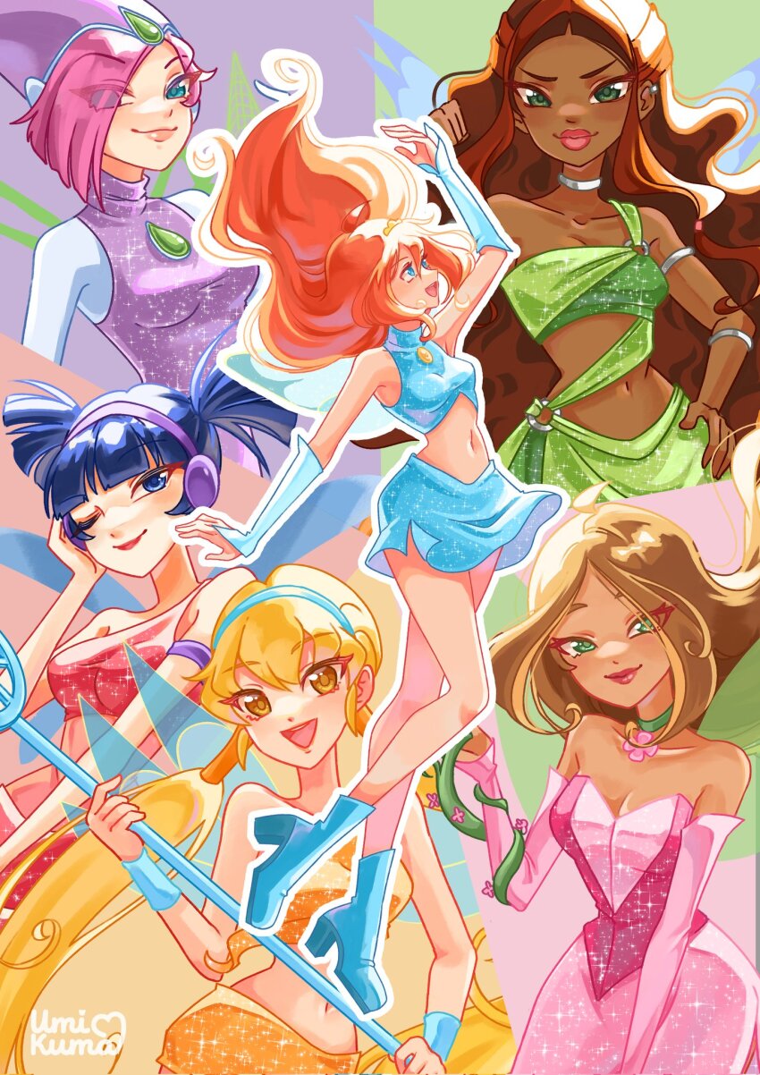 6+girls aisha_(winx_club) aqua_eyes arm_up armlet armpits asian asymmetrical_shirt bare_legs bare_shoulders blonde_hair bloom_(winx_club) blue_arm_warmers blue_bodysuit blue_boots blue_eyes blue_hair blue_hairband blue_shirt blue_skirt blue_wings bodysuit bodysuit_under_clothes boots bracelet bracer breasts brown_hair chest_jewel choker cleavage clip_studio_paint_(medium) closed_mouth collarbone colorful_background commentary cowboy_shot crop_top dark-skinned_female dark_skin determined dress eyelashes eyes_visible_through_hair fairy fairy_wings floating_hair flora_(winx_club) flower full_body furrowed_brow gem glitter gold_tiara green_choker green_eyes green_gemstone green_shirt green_skirt green_wings hair_between_eyes hair_floating_upwards hair_over_one_eye hair_tubes hairband hand_on_own_cheek hand_on_own_face hand_up happy headphones high_heel_boots high_heels highres holding holding_staff hood hood_up hooded_leotard jewelry leotard leotard_under_clothes lipstick long_hair looking_at_hand low_twintails magical_girl makeup making-of_available midriff miniskirt multiple_girls musa_(winx_club) navel neck_flower one_eye_closed open_mouth orange_hair orange_shirt orange_skirt outline pink_arm_warmers pink_dress pink_flower pink_hair pink_leotard pink_lips pink_shirt pink_skirt plant poster_(medium) purple_leotard red_lips see-through_clothes see-through_leotard shirt short_hair short_twintails signature skirt skirt_set sleeveless sleeveless_shirt smile staff stella_(winx_club) strapless strapless_dress tecna_(winx_club) tiara turtleneck turtleneck_shirt twintails umikuma very_dark_skin very_long_hair vines wavy_hair white_choker white_outline wings winx_club yellow_gemstone