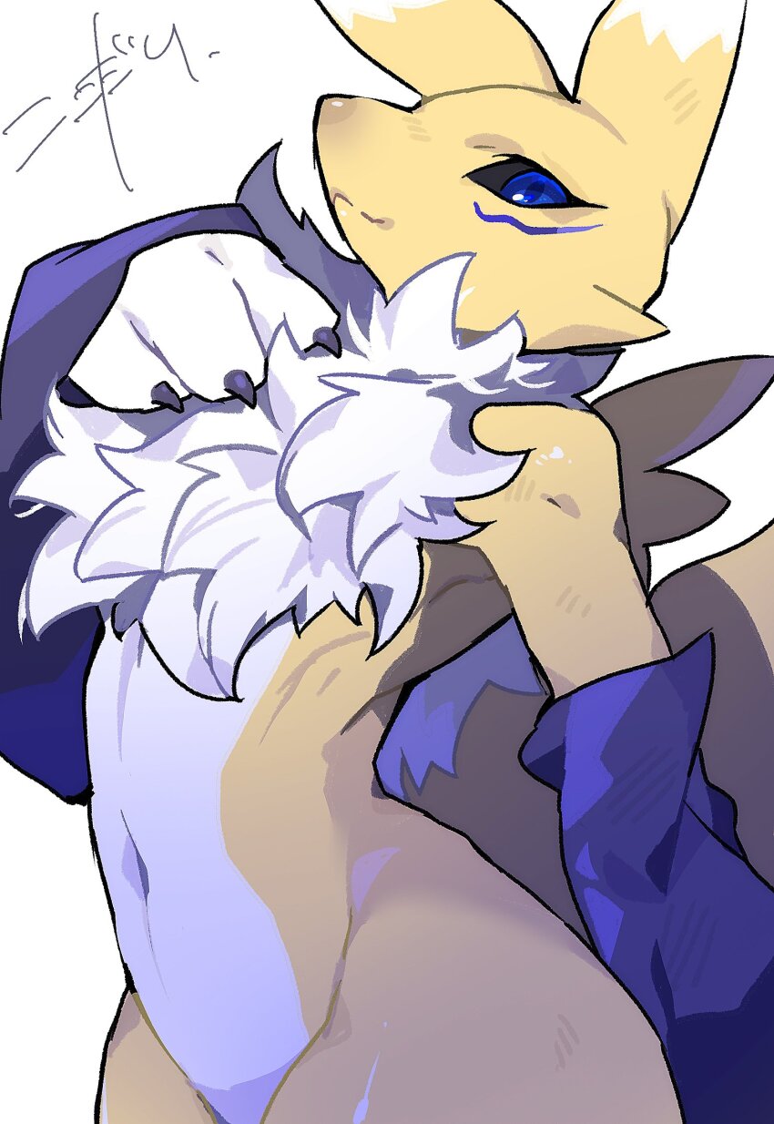 1girl animal_ears black_sclera blue_eyes body_fur closed_mouth colored_sclera detached_sleeves digimon digimon_(creature) fox_ears fox_girl fox_tail furry furry_female highres kokodari looking_at_viewer navel purple_sleeves renamon simple_background smile solo tail thighs white_background white_fur