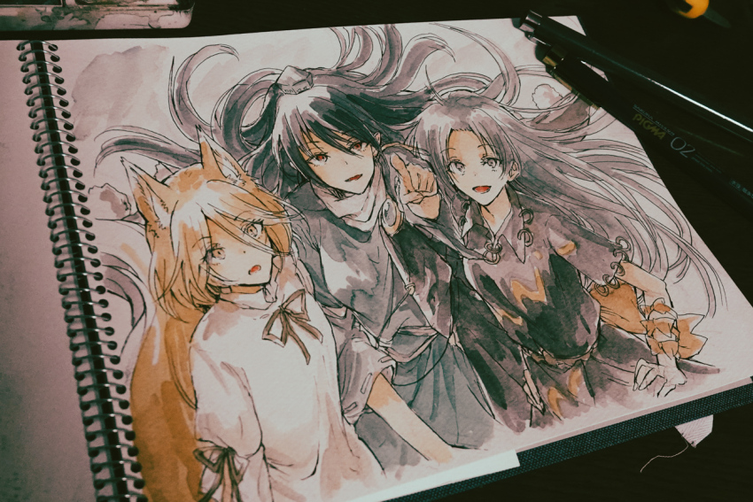3girls animal_ears arm_ribbon black_hair blonde_hair bow fox_girl grey_hair hat himemushi_momoyo hisona_(suaritesumi) iizunamaru_megumu jewelry kudamaki_tsukasa long_hair long_sleeves multiple_girls multiple_rings open_mouth photo_(medium) pom_pom_(clothes) purple_eyes red_eyes ribbon ring shirt short_hair short_sleeves skirt sleeve_ribbon tail tokin_hat touhou traditional_media unconnected_marketeers white_romper yellow_eyes