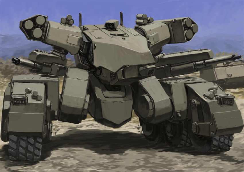 1other blue_sky caterpillar_tracks highres mecha military military_vehicle motor_vehicle no_humans one-eyed original outdoors robot science_fiction sky tyokugekidato vehicle_focus