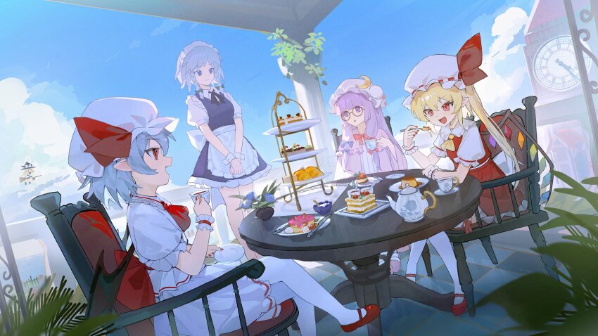 5girls apron arm_up ascot bat_wings black_ribbon blonde_hair blue_dress blue_eyes blue_flower blue_sky blunt_bangs bow braid broom broom_riding cake checkered_floor clock clock_tower cloud collared_shirt commentary_request crescent crescent_hair_ornament crossed_legs cup day dress fang flandre_scarlet flower food glasses green_bow grey_hair hair_bow hair_ornament hat highres holding holding_cup holding_saucer holding_spoon izayoi_sakuya kirisame_marisa long_hair maid_headdress mary_janes mob_cap multiple_girls neck_ribbon open_mouth patchouli_knowledge pointy_ears pudding puffy_short_sleeves puffy_sleeves purple_bow purple_dress purple_eyes purple_hair red_ascot red_bow red_eyes red_nails red_shoes red_skirt red_vest remilia_scarlet ribbon ribbon-trimmed_legwear ribbon-trimmed_thighhighs ribbon_trim saucer scarlet_devil_mansion shirt shoes short_hair short_sleeves sitting siyumu skirt sky spoon table teacup teapot thighhighs tiered_tray touhou tower twin_braids vest waist_apron white_apron white_hat white_shirt white_thighhighs wings witch_hat wrist_cuffs yellow_ascot
