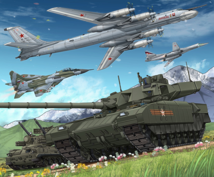 2k22_tunguska aircraft airplane anti-aircraft anti-aircraft_gun blue_sky bomber cloud cloudy_sky commentary_request cyrillic day dutch_angle fighter_jet flower frown grass heavy_bomber highres mig-29 mikeran_(mikelan) military military_vehicle motion_blur motor_vehicle mountain no_humans original outdoors penetrator_(aircraft) roundel russia russian_ground_forces russian_text self-propelled_anti-aircraft-gun self-propelled_anti-aircraft_weapon self-propelled_gun sky star_(symbol) strategic_bomber t-14_armata tank tu-160 tu-95 vehicle_focus