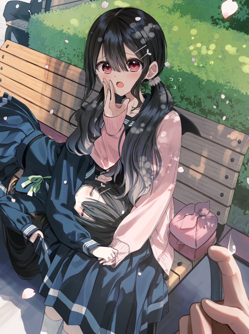 2boys 2girls :o black_hair blue_sailor_collar blue_serafuku blue_shirt blue_skirt cardigan commentary_request day green_ribbon hair_between_eyes hand_to_own_mouth hands_up highres lap_pillow long_hair looking_at_viewer low_twintails multiple_boys multiple_girls open_cardigan open_clothes open_mouth original outdoors pentagon_(railgun_ky1206) petals pink_cardigan pleated_skirt puffy_short_sleeves puffy_sleeves red_eyes ribbon sailor_collar school_uniform serafuku shirt short_sleeves skirt sleeves_past_wrists sweatdrop twintails very_long_hair wrapped_bento
