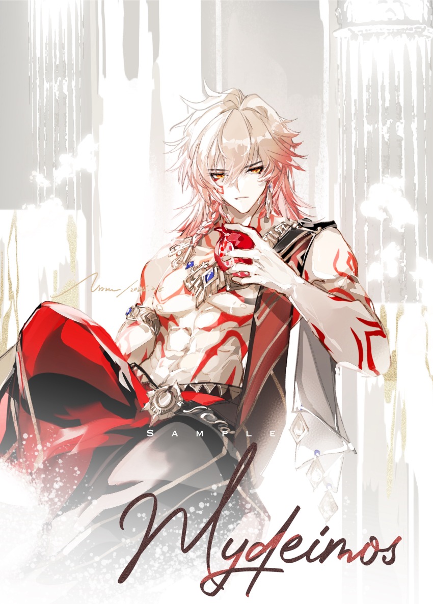 1boy abs absurdres apple arm_tattoo armlet black_pants blonde_hair braid character_name chest_tattoo chinese_commentary commentary_request earrings facial_tattoo food fruit gold_earrings gold_necklace gradient_hair hair_between_eyes highres holding holding_food holding_fruit honkai:_star_rail honkai_(series) jewelry looking_at_viewer male_focus medium_hair multicolored_hair mydei_(honkai:_star_rail) necklace nnnnnova pants parted_lips red_hair red_tattoo sample_watermark side_braid solo tattoo toned toned_male watermark yellow_eyes