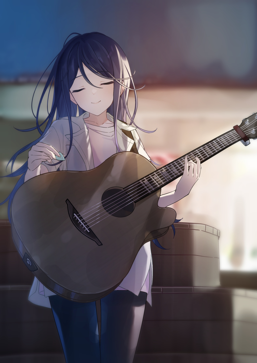 1girl absurdres acoustic_guitar black_pantyhose blue_hair closed_eyes closed_mouth cowboy_shot facing_viewer guitar highres holding holding_instrument holding_plectrum hoshino_ichika_(project_sekai) instrument jacket long_hair open_clothes open_jacket pantyhose plectrum project_sekai shirt smile solo standing timmoo white_jacket white_shirt